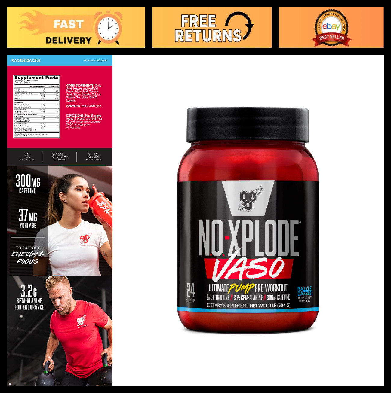 Pre Workout Powder with 8g L-Citrulline & 3.2g Beta-Alanine, 24 Servings, Razzle