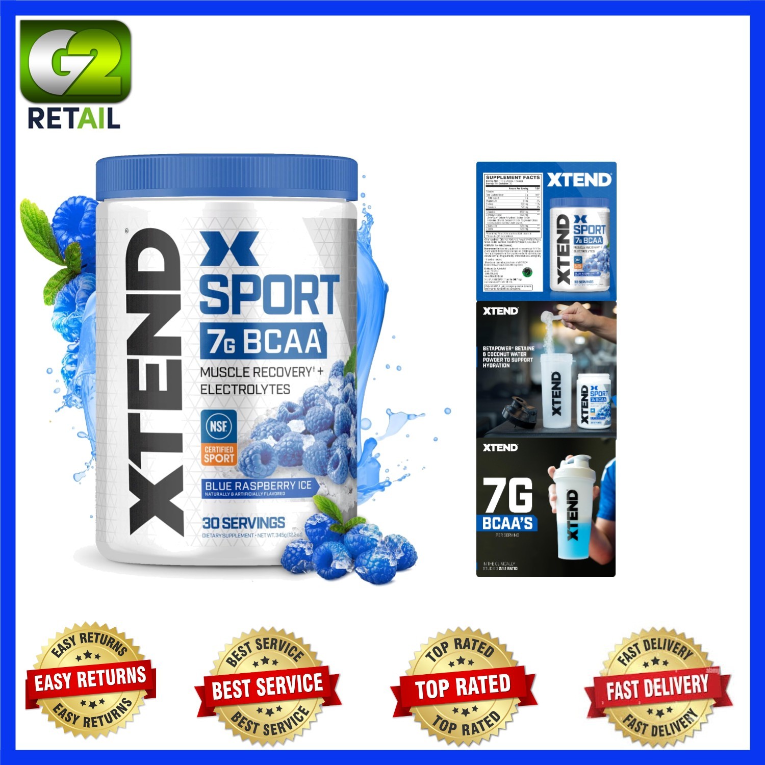 NSF Certified XTEND BCAA Powder – Blue Raspberry Ice Flavor for Muscle Growth