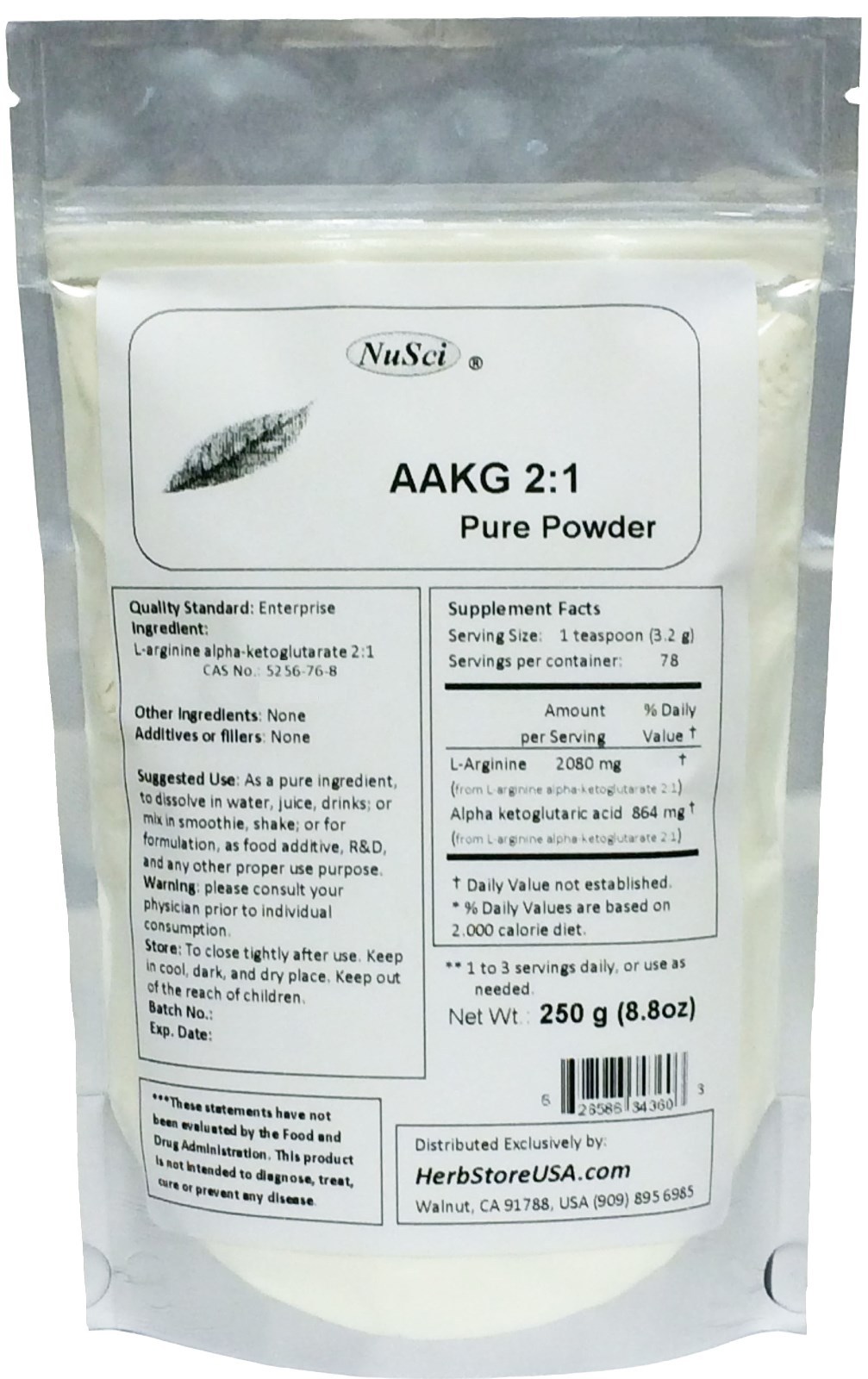 NuSci 250g (8.8oz) L-arginine alpha ketoglutarate AAKG 2:1 powder energy