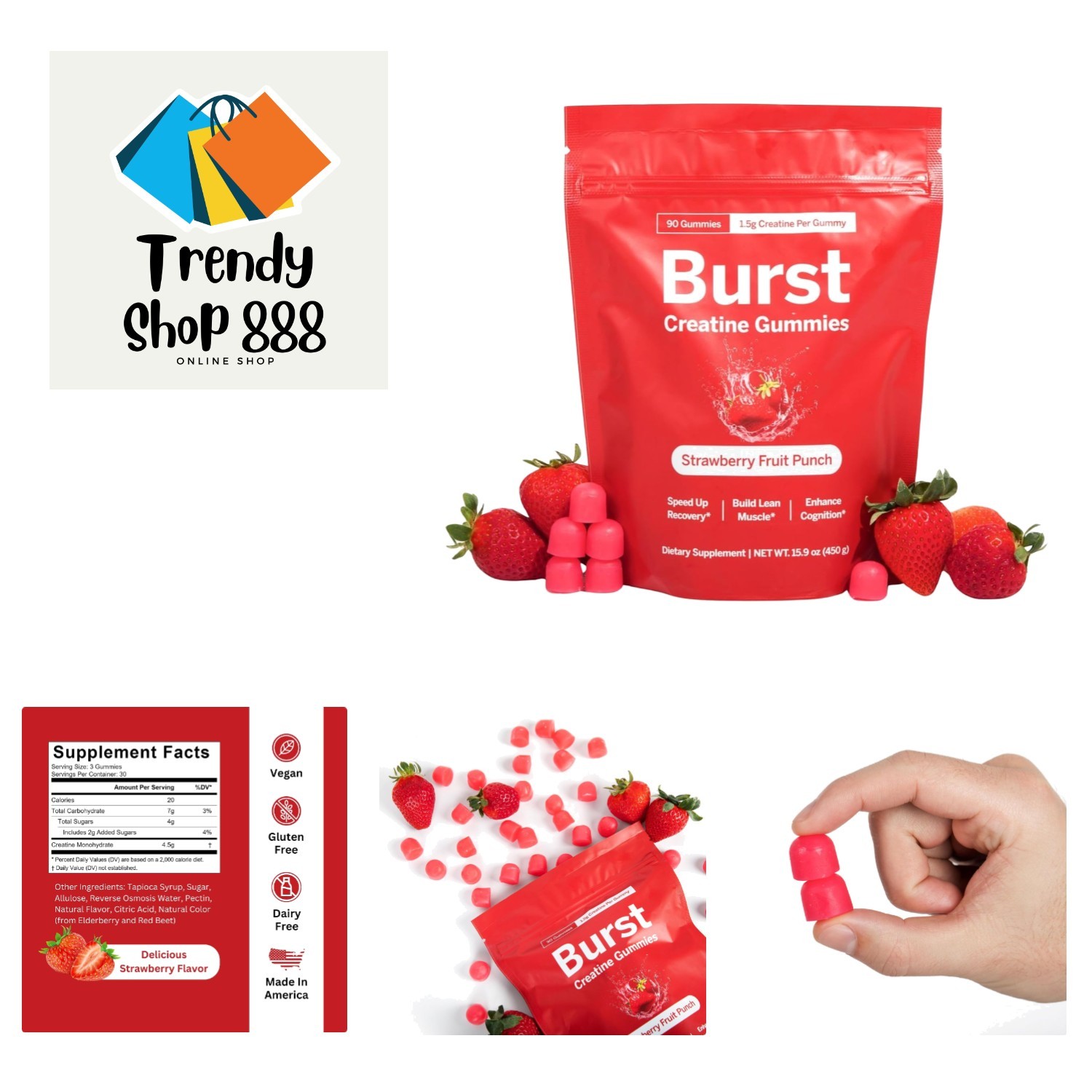 Natural Creatine Gummies for Strength & Recovery – Strawberry Flavor, 90 Gummies