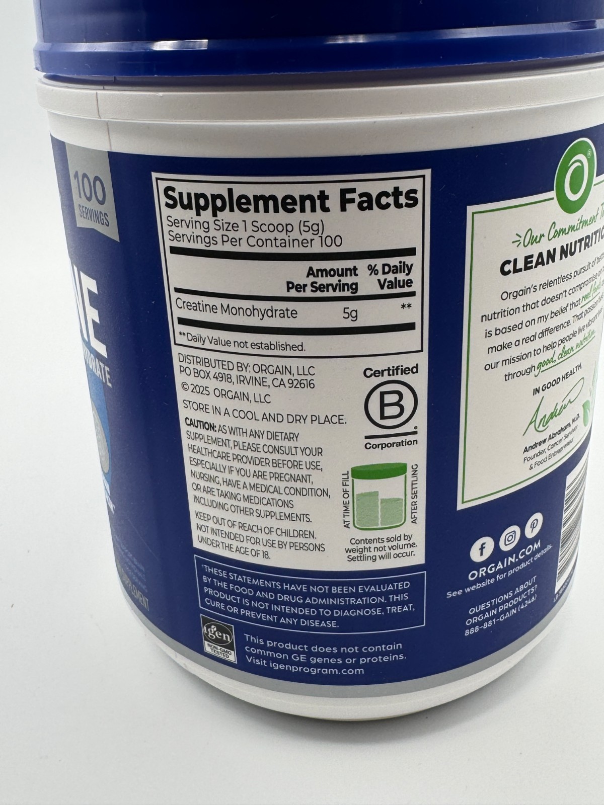 Orgain Creatine Monohydrate Micronized Unflavored 100 Servings EXP: 10/27