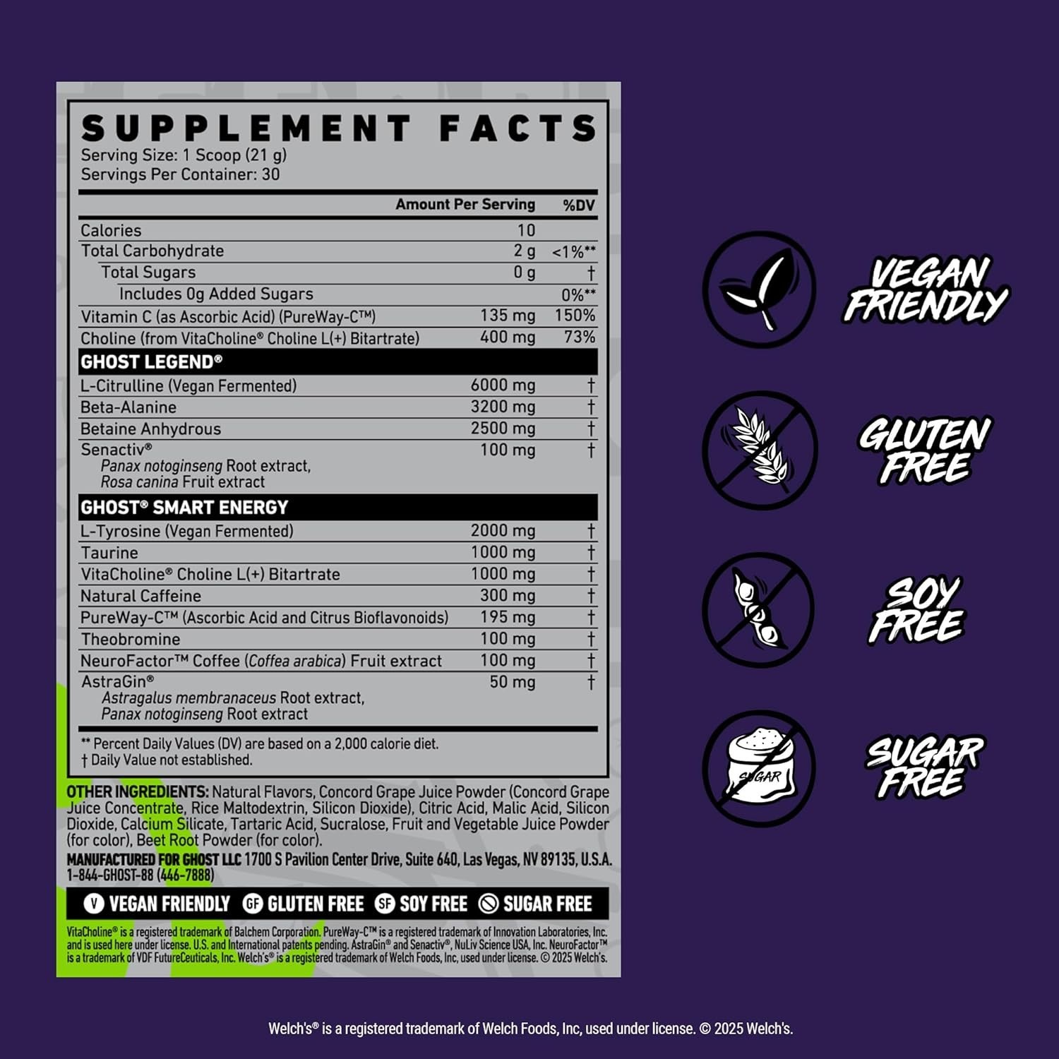 Legend Pre-Workout Powder – Welch’s Grape, 30 Servings, Sugar-Free Energy Boost