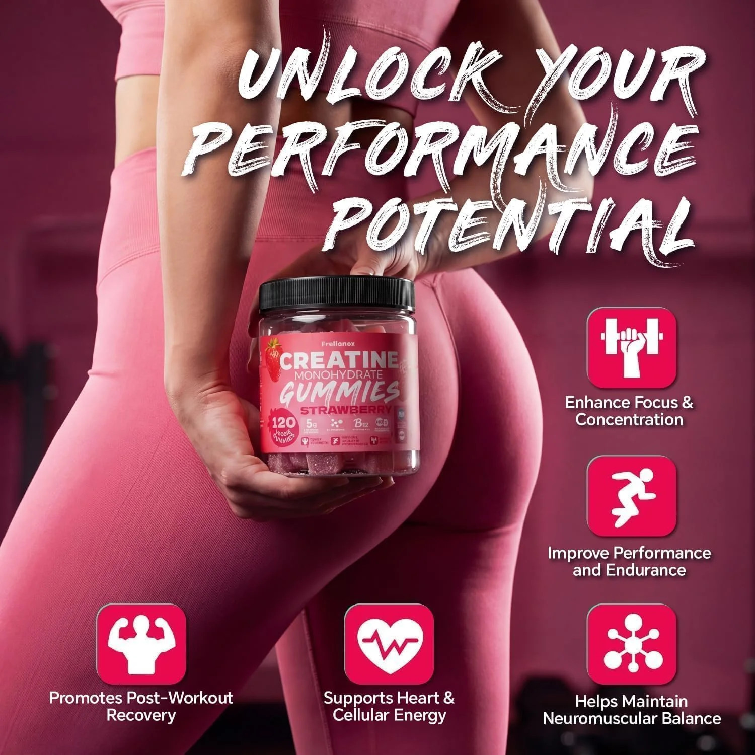 Creatine Monohydrate Gummies 5000mg for Women & Men, Strawberry, 120 Count | NSF