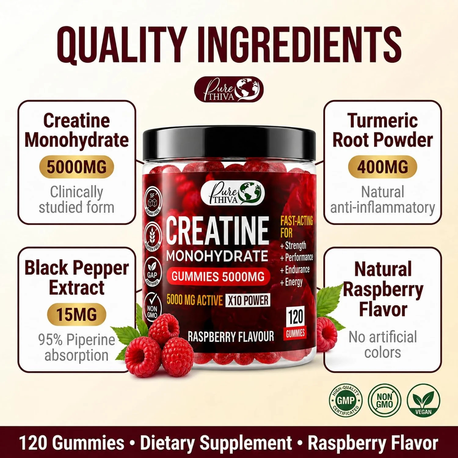 Creatine Monohydrate Gummies 5000mg, 120 Count Sugar Free Raspberry Creatine Gum