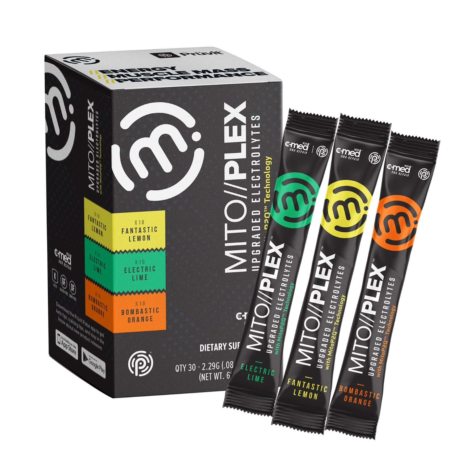 PRUVIT MITOPLEX UPGRADED ELECTROLYTES 12 PACKETS 10 ORANGE 2 ORANGE AND 3 LIME