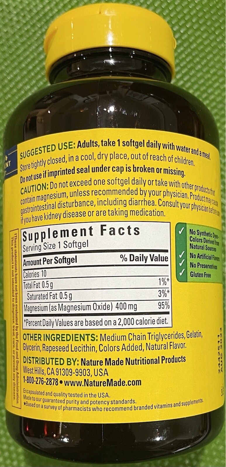 Nature Made Extra Strength Magnesium. 400 mg (180 Softgels) EXP:JUN,2025