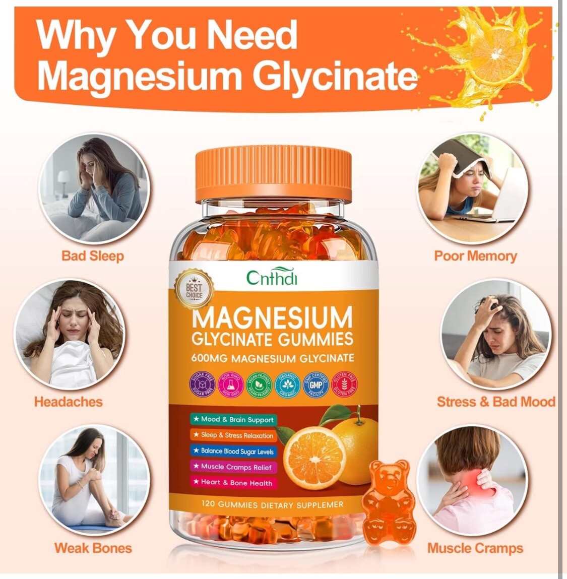 Magnesium Glycinate Gummies Orange 120 Gummies High Absorption, Diet Sup 600mg
