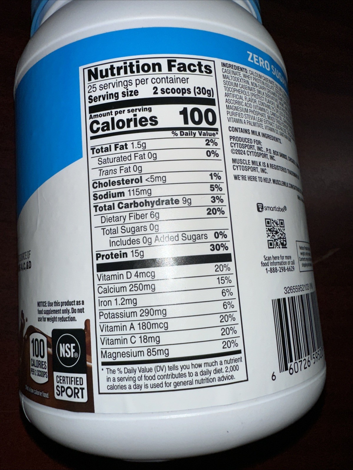 Muscle Milk Zero, 100 Calorie Protein Powder, Chocolate, 15g Protein, 1.65
