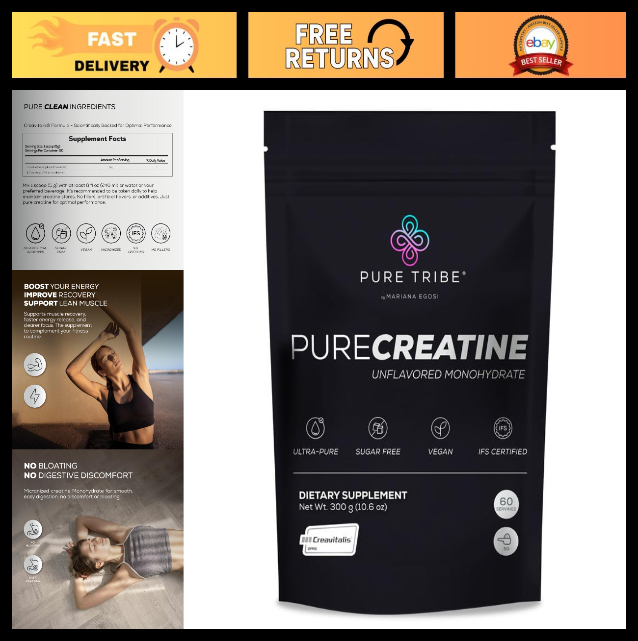 Micronized Creatine Monohydrate Powder – Unflavored, Easy Digestion, 5g/Scoop, 3