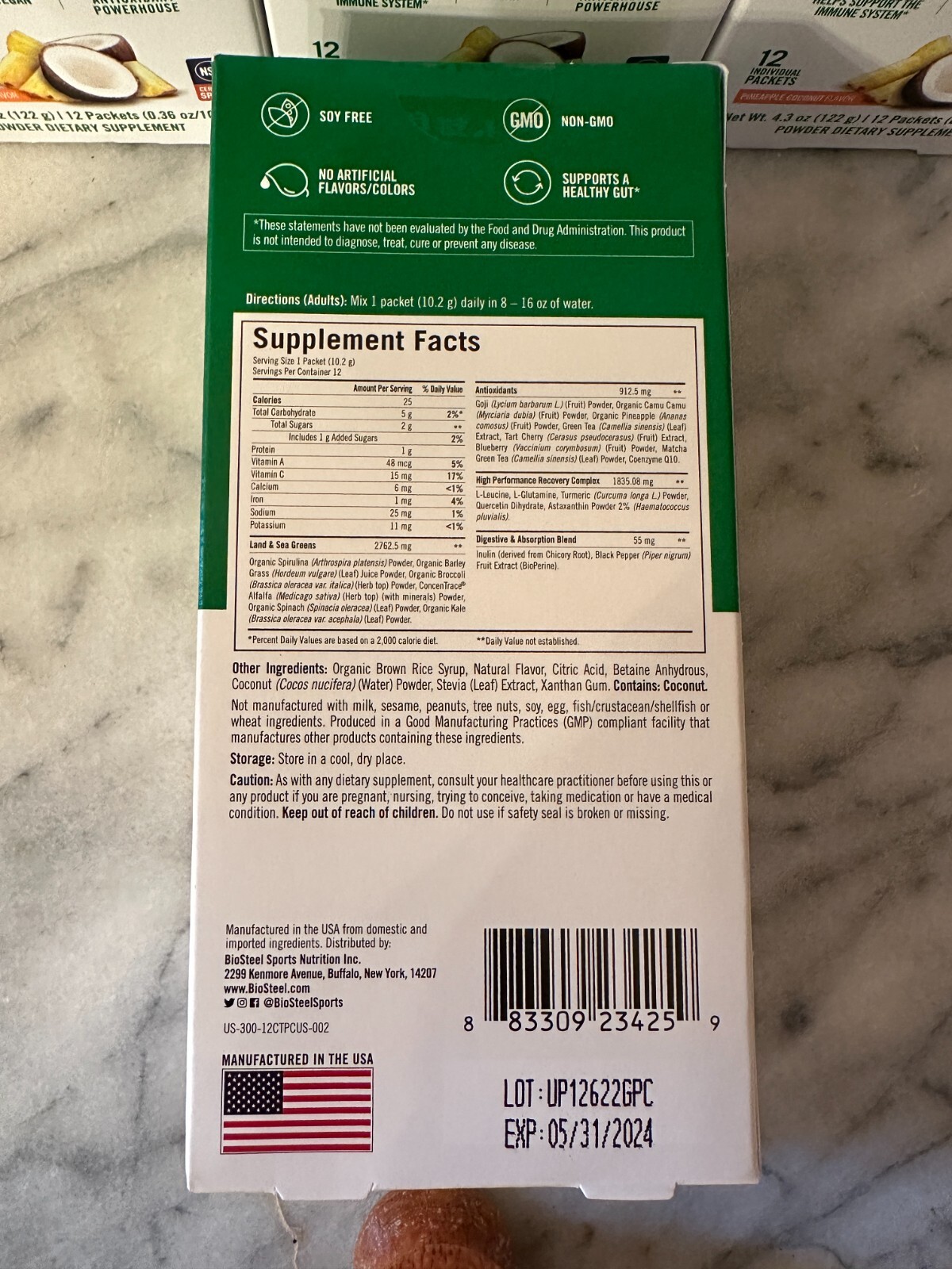 Lot of 2 Biosteel Superfood Sport Greens Packets 12 Packets Pineapple Coconut