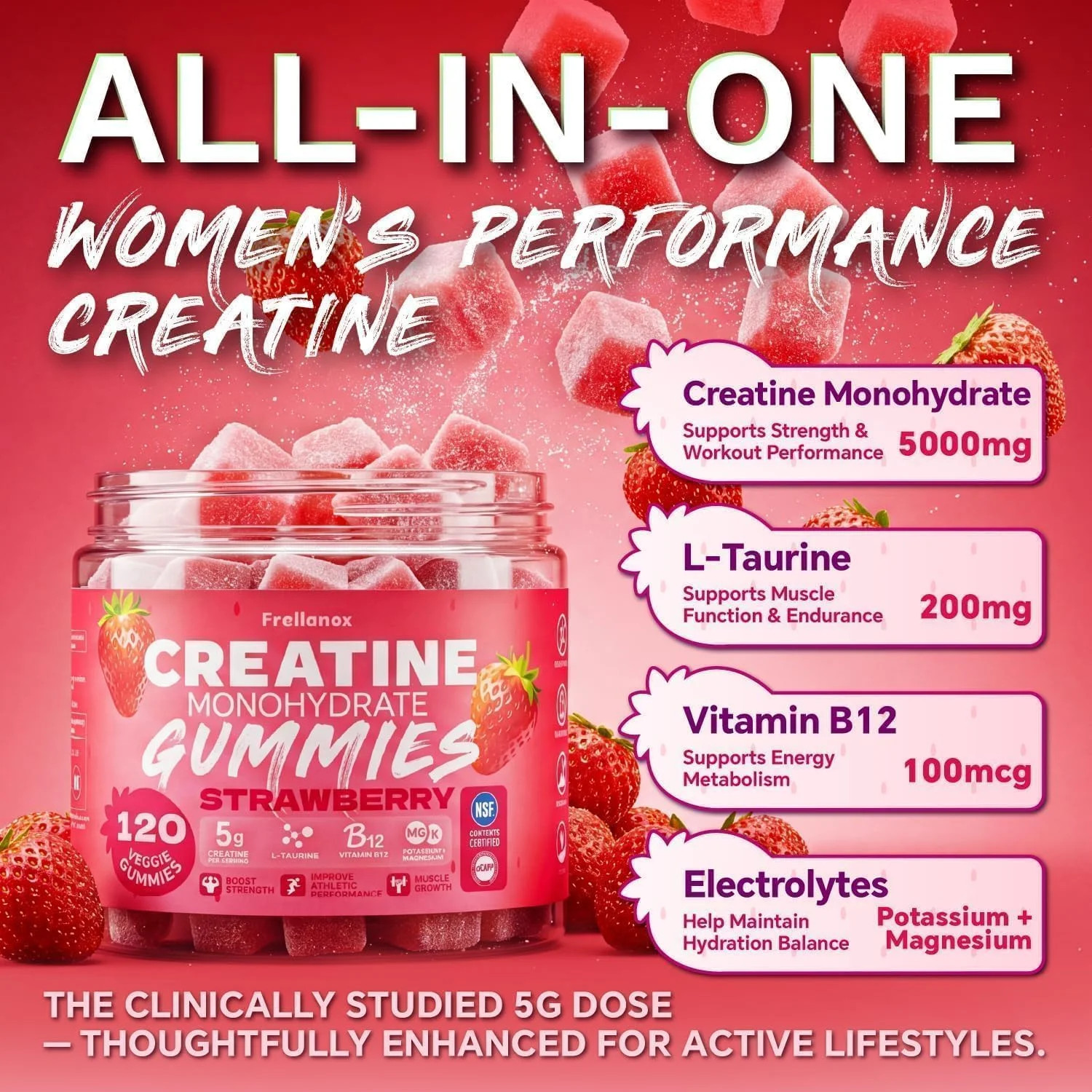 Creatine Monohydrate Gummies 5000mg for Women & Men, Strawberry, 120 Count | NSF