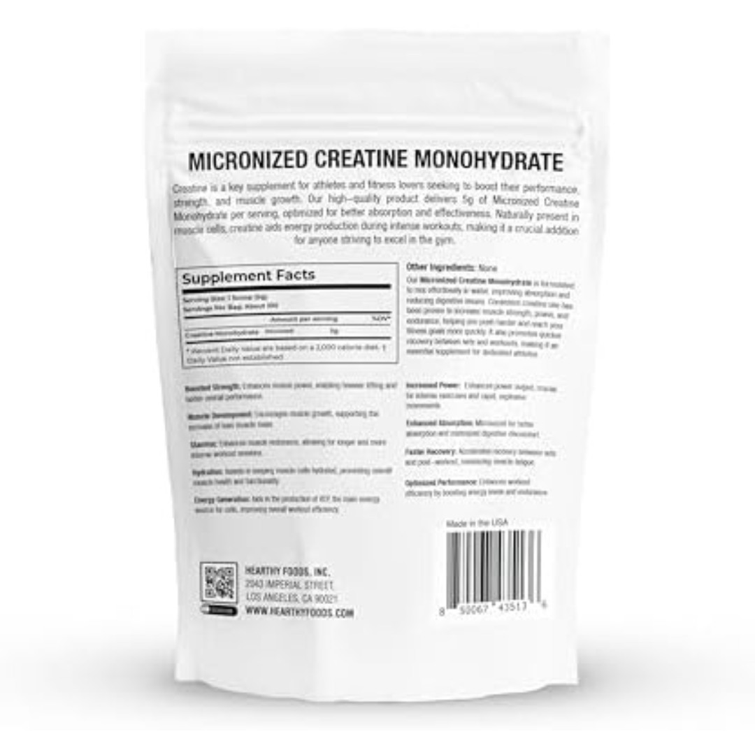 HEARTHY FOODS Creatine Monohydrate Micronized Powder 500G – 100 Servings, 5000mg