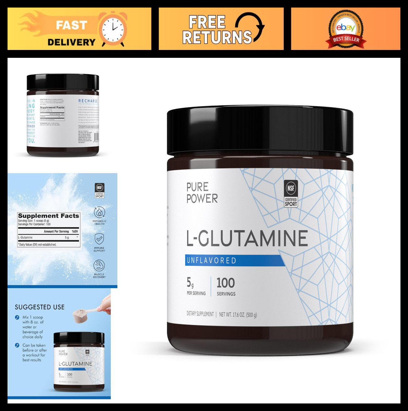 Unflavored L-Glutamine Powder, 17.6 oz, 100 Servings, Non-GMO, NSF Certified, 5g