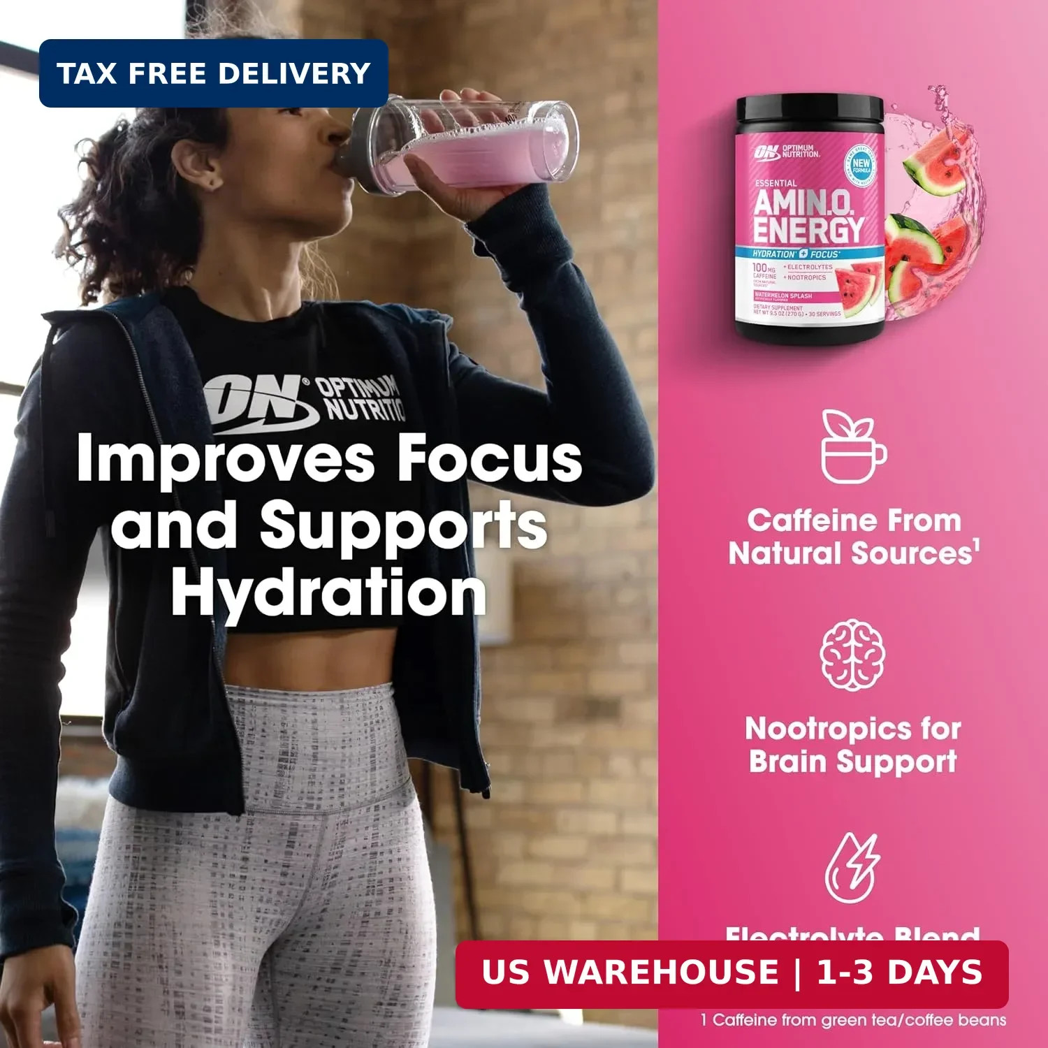 Optimum Nutrition, Amino Energy Powder Plus Focus, with Bcaa, Electrolytes, and