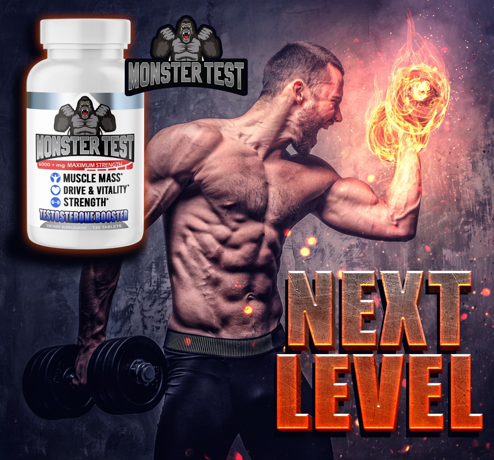 #1 Testosterone Booster Monster Test Tablets 240ct + Creatine Monohydrate 300g
