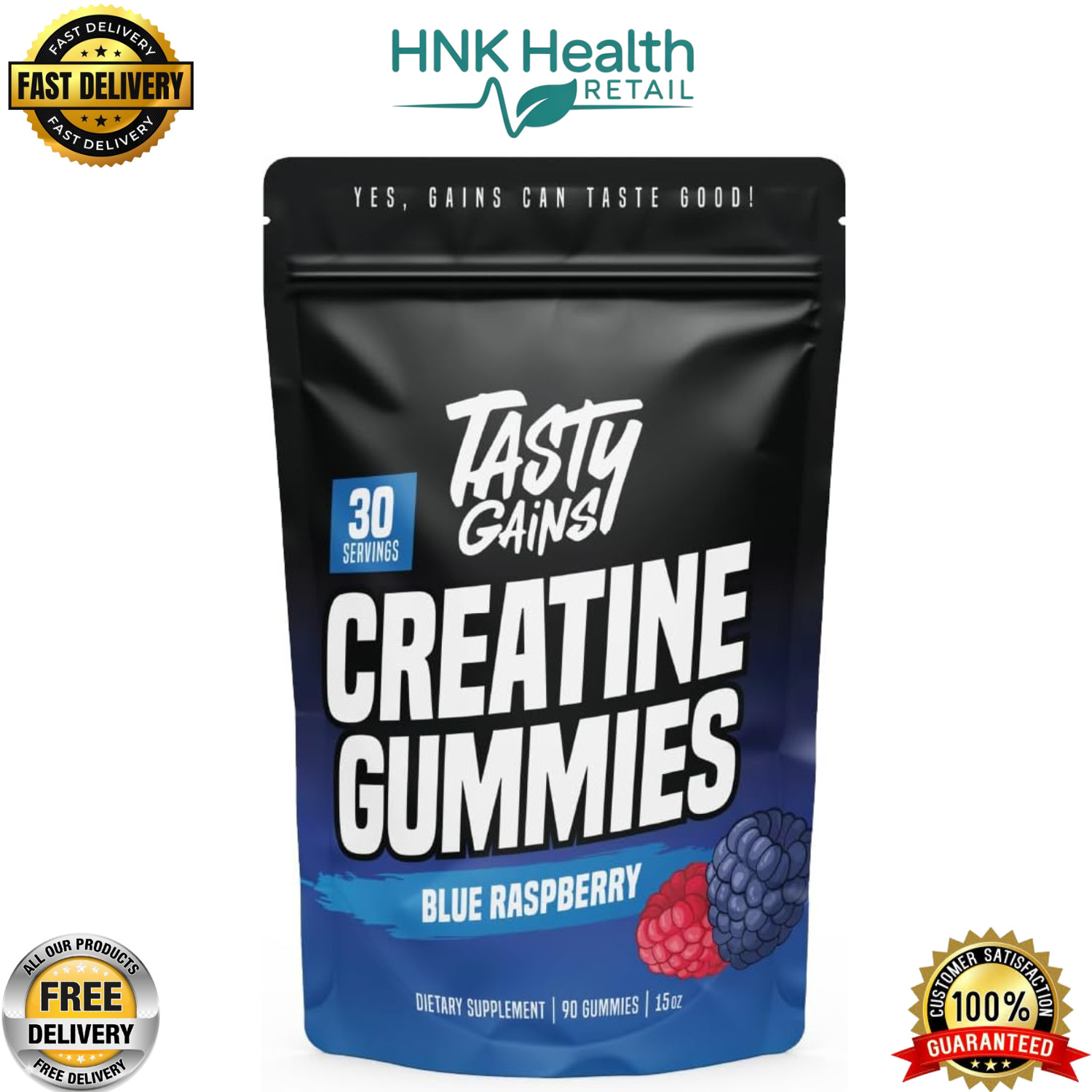 TASTY GAINS Creatine 90 Gummies – 90g of Creatine Monohydrate Blue Raspberry