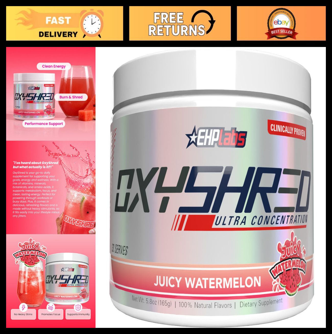 OxyShred Pre Workout Powder – Juicy Watermelon, 33 Servings | Energy, Focus, End