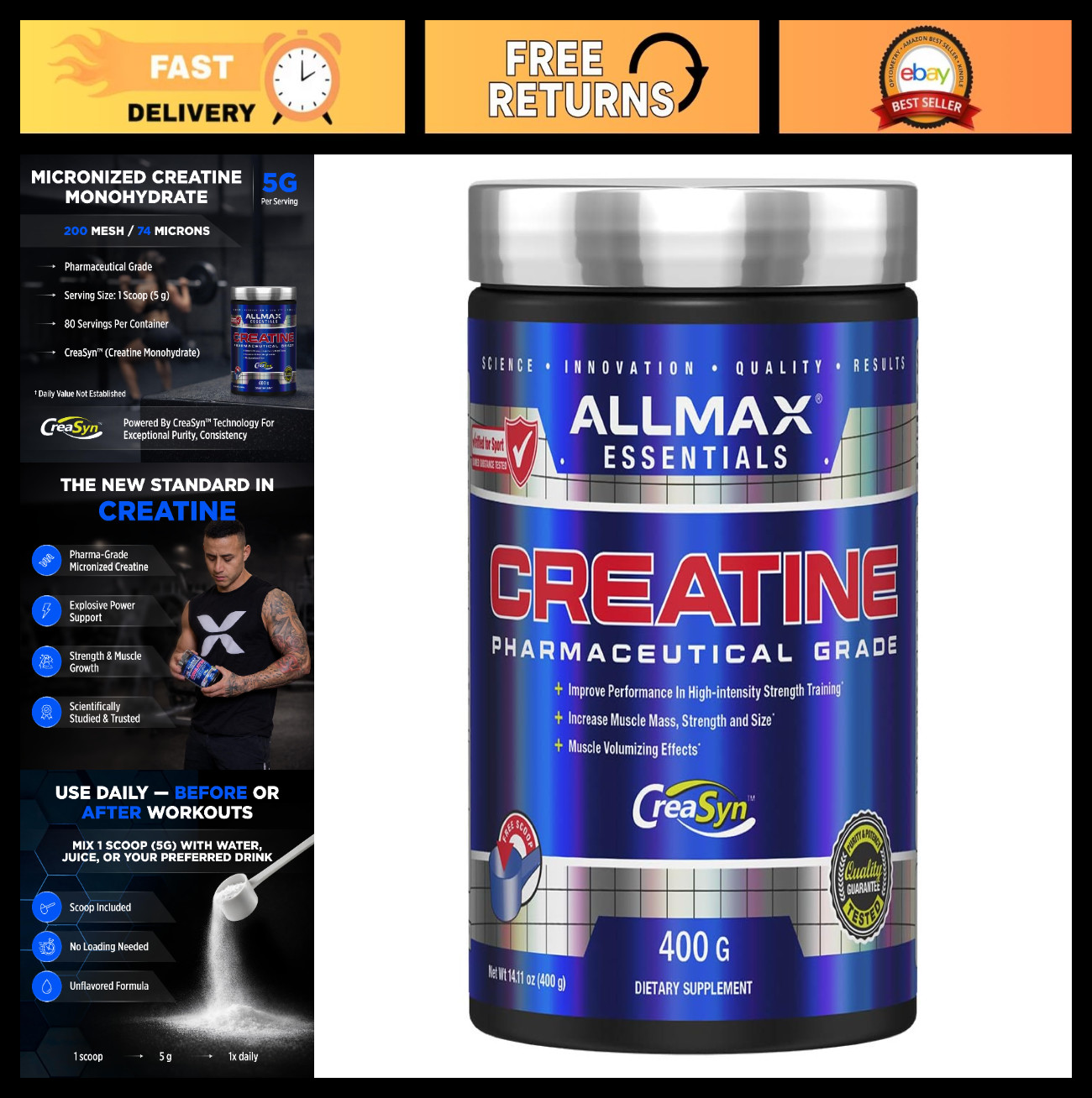 Micronized Creatine Monohydrate Powder, Unflavored, 400g – Muscle Growth & Recov