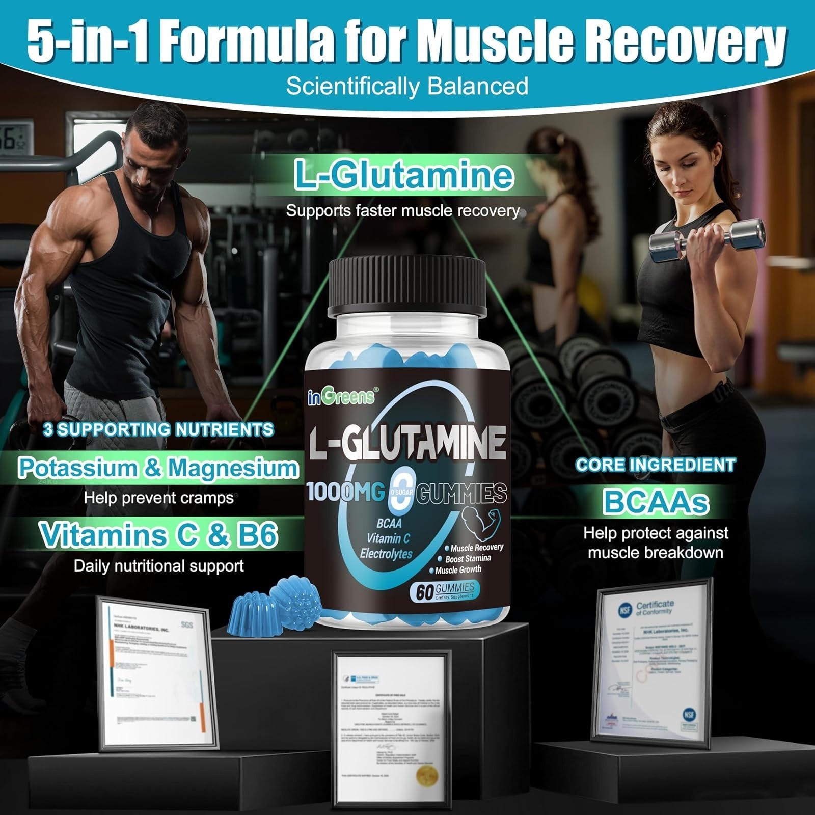 inGreens L-Glutamine Gummies 1000mg 60 Count | Muscle Recovery Support