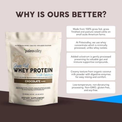 Paleovalley 100% Grass Fed Whey Protein Powder with Colostrum, Chocolate | Gut H