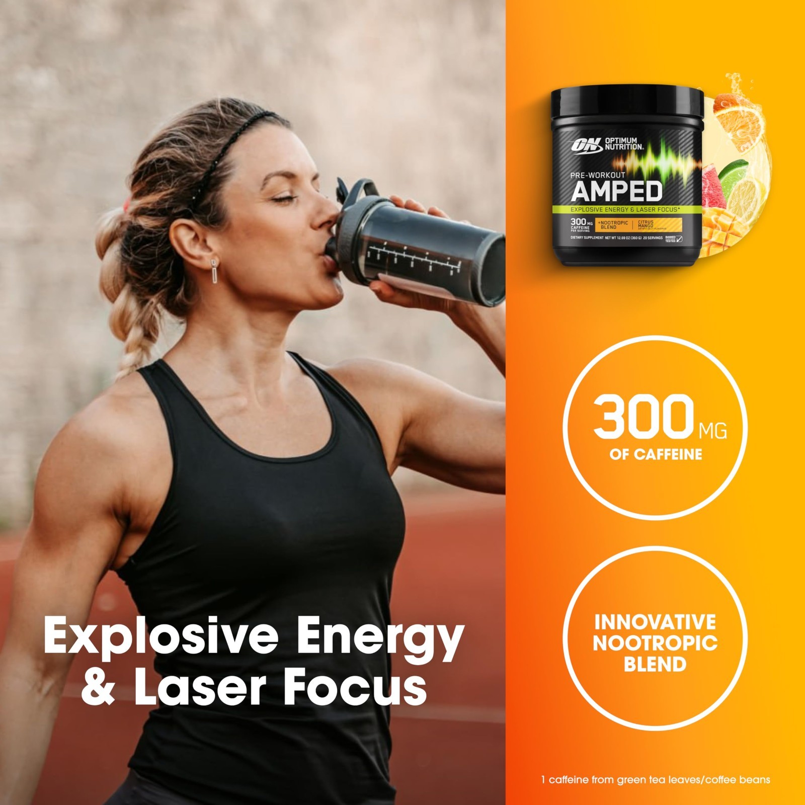 Citrus Mango Pre-Workout Powder – 300mg Caffeine, L-Citrulline, Beta-Alanine, No