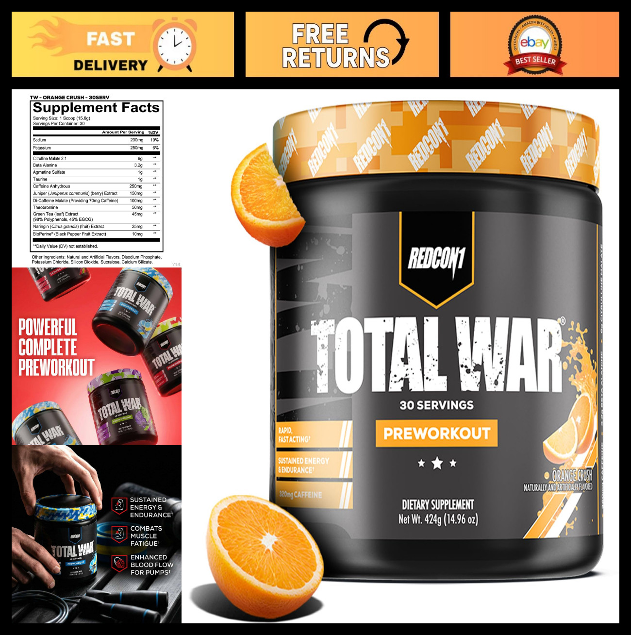 Total War Pre Workout Powder – Orange Crush Flavor, 320mg Caffeine, Citrulline,