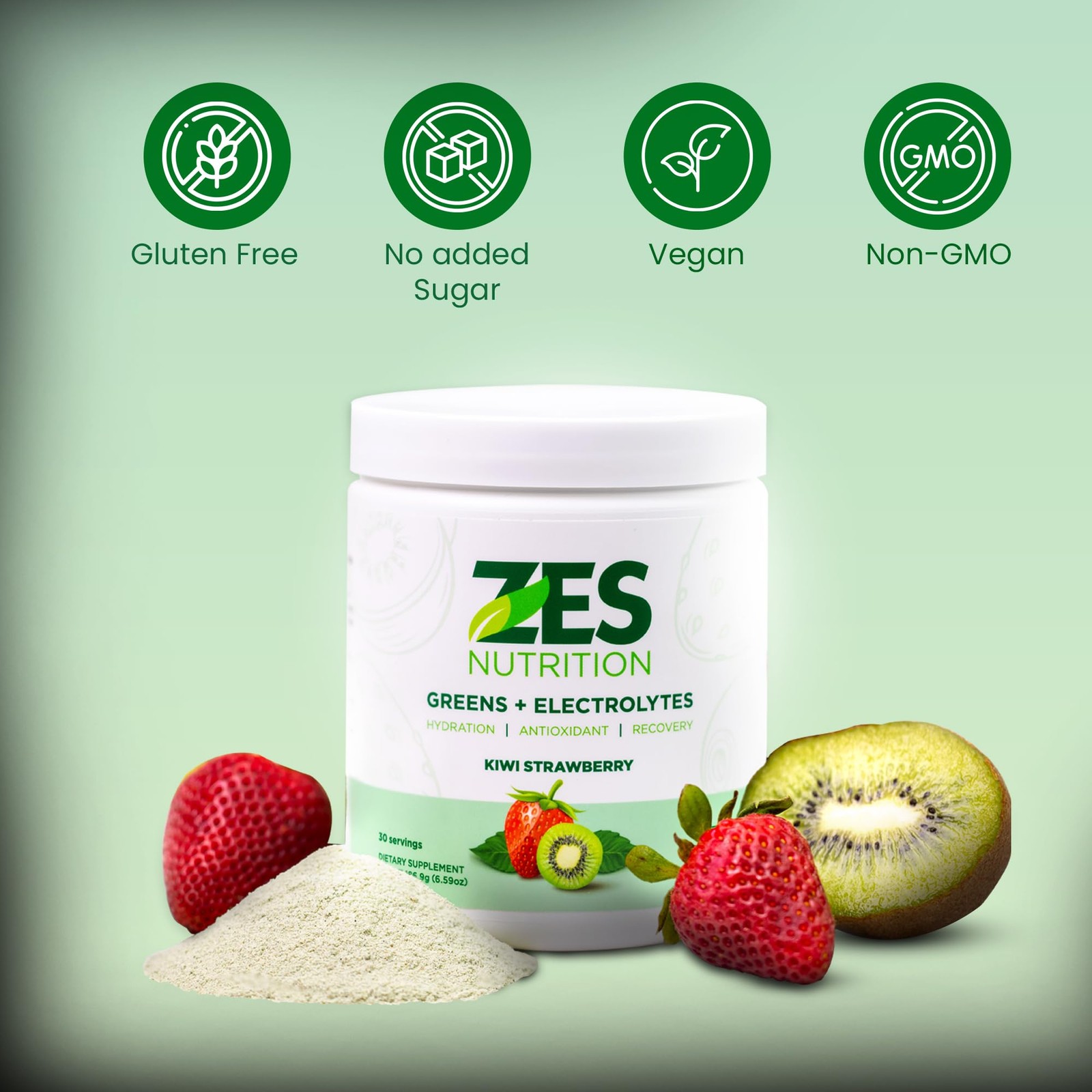 Zes Nutrition Greens Electrolytes Kiwi Strawberry Flavor Vegan Non-Gmo Green