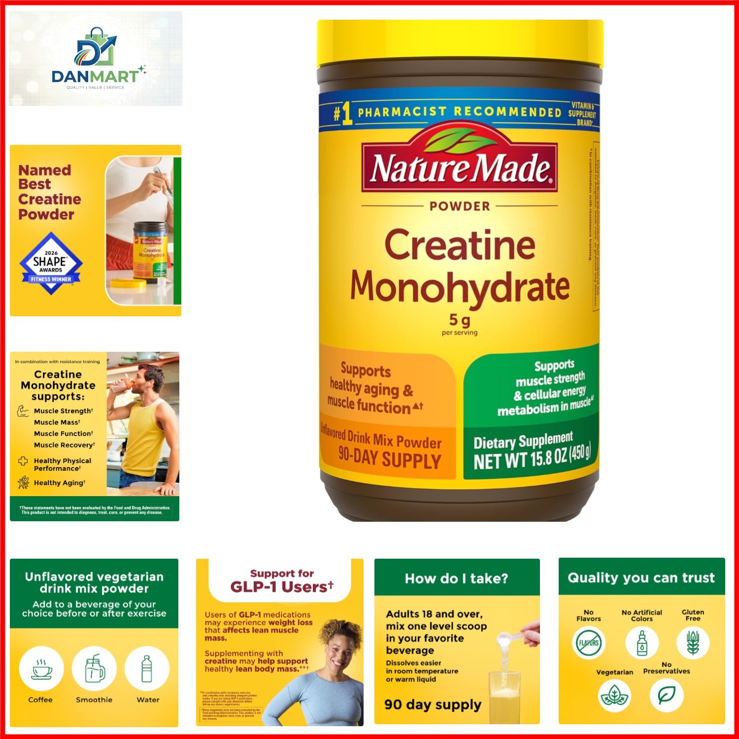 Micronized Creatine Monohydrate Powder 5g per Serving, 450 g | Unflavored Dri…