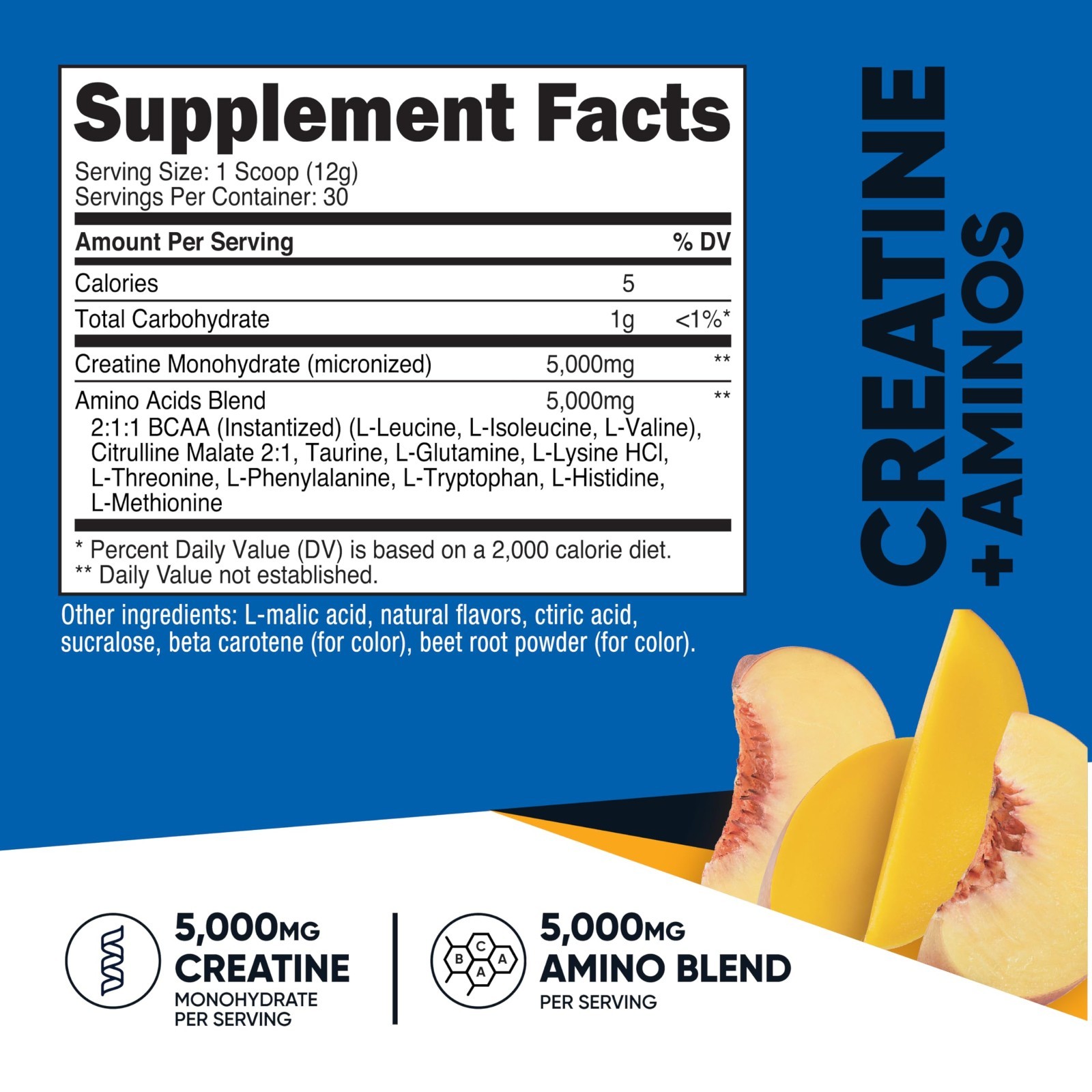 Creatine Monohydrate & BCAA Amino Blend – Peach Mango Flavor, 30 Servings, Glute