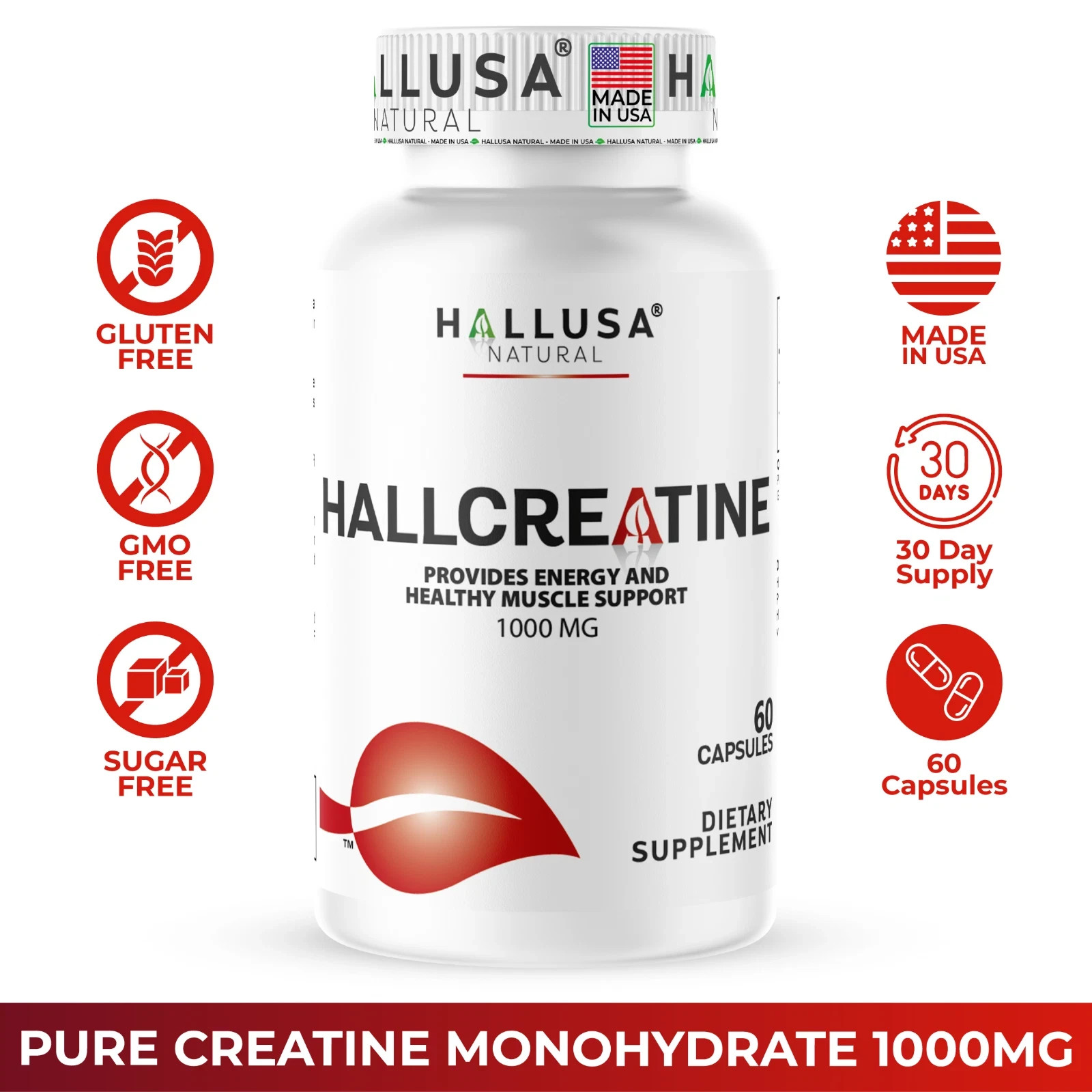 Creatine Monohydrate Capsules 1000mg – Bodybuild Muscle Growth & Recovery, 60 ct