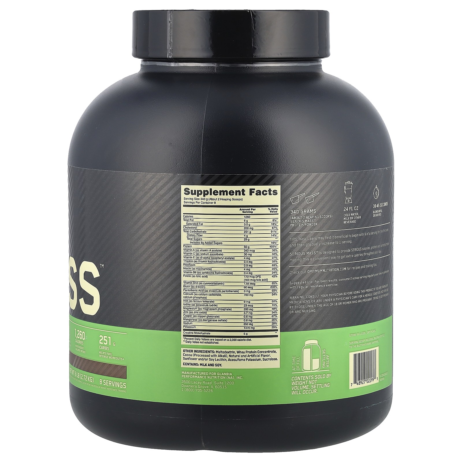 Optimum Nutrition, Serious Mass, High Protein Weight Gain Powder, Chocolate 6 lb