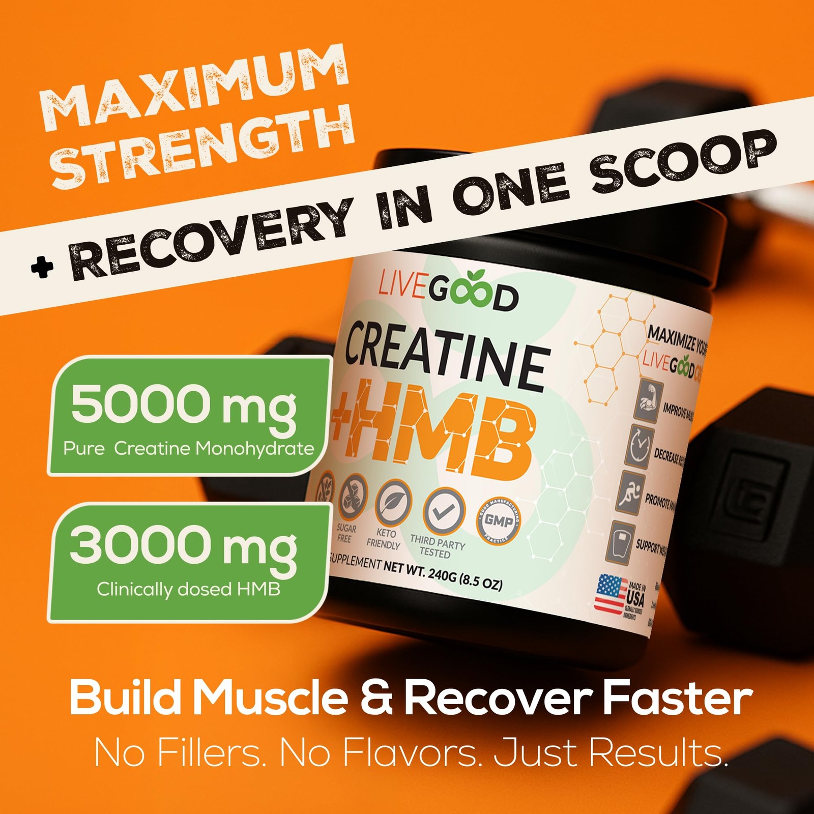 Creatine + HMB Powder Unflavored Organic Creatine Monohydrate for Strength Re…