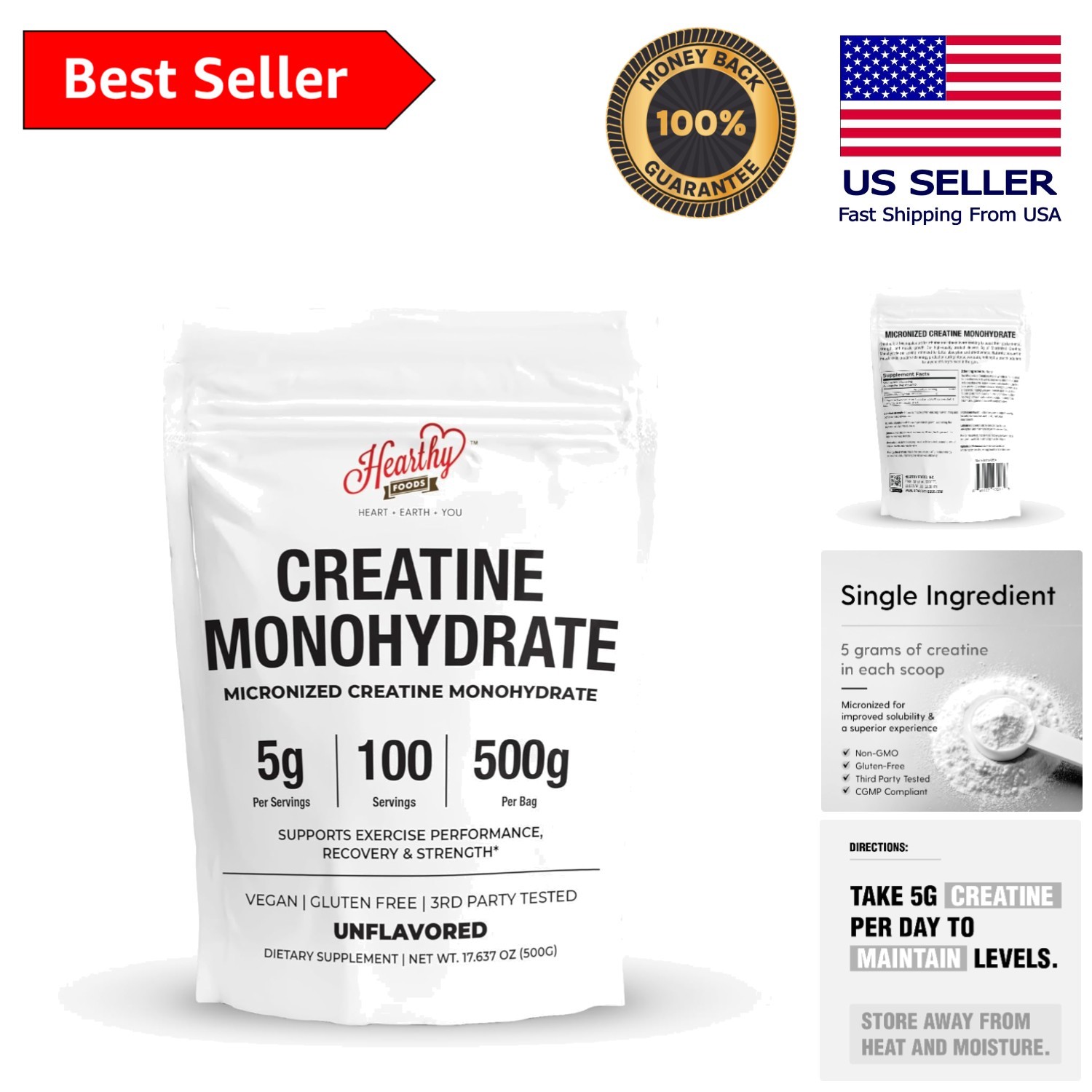 500G Unflavored Creatine Monohydrate – 5G Serving for Muscle Growth & Recovery