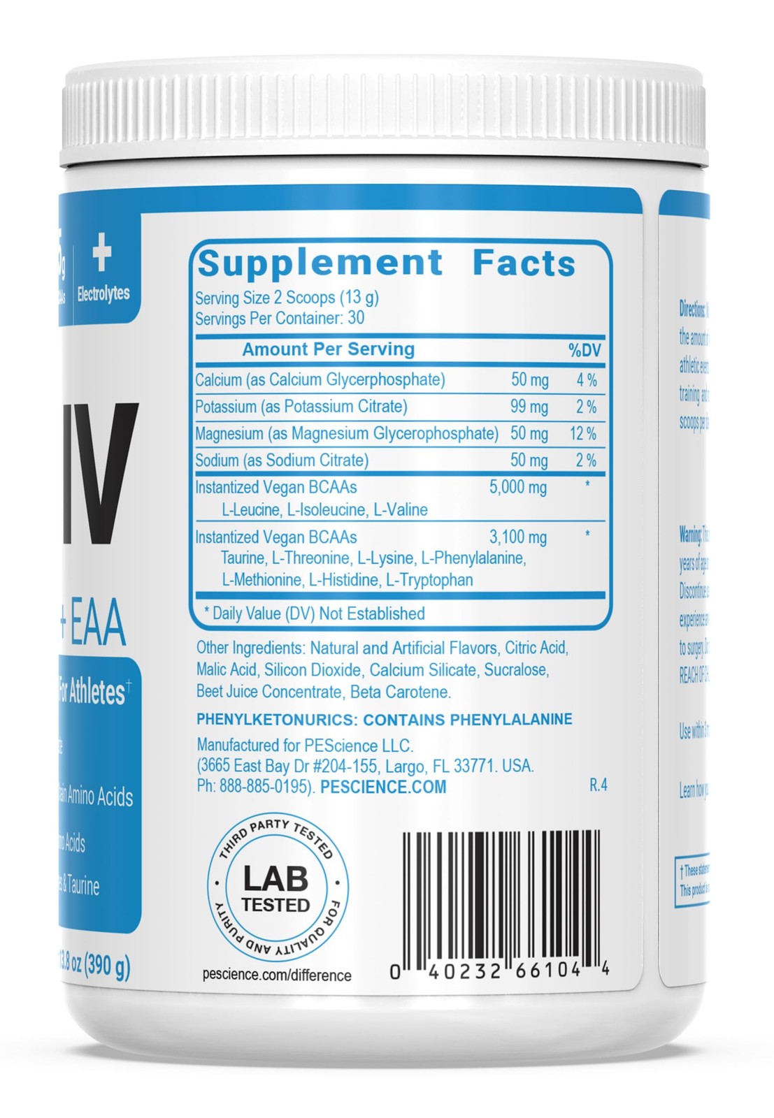 Vegan Amino IV Powder Orange Dreamsicle BCAA EAA 5g Electrolytes 13.4 Ounce