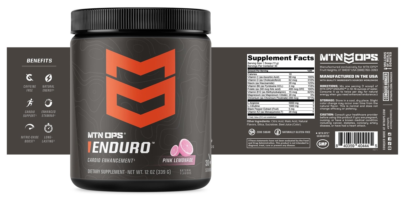 MTN OPS Enduro Nitric Oxide Stimulant-Free Pre-Workout Magnesium Citrate L-Argin