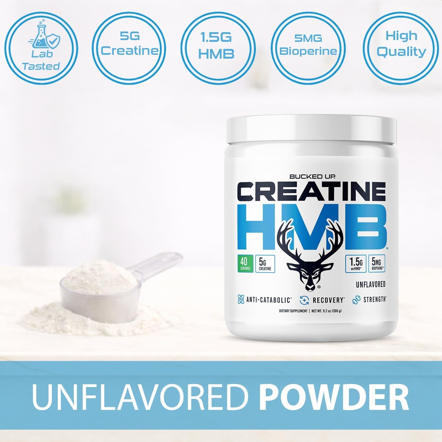 Bucked Up Creatine HMB Powder 40 Servings Unflavored 5g Creatine + myHMB