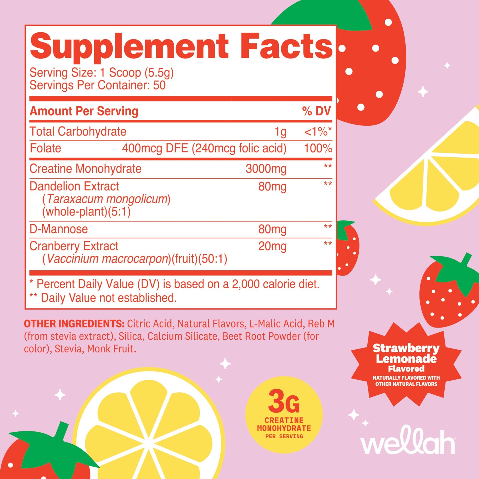 Wellah Creatine for Women 50 Servings, Strawberry Lemonade – Creatine