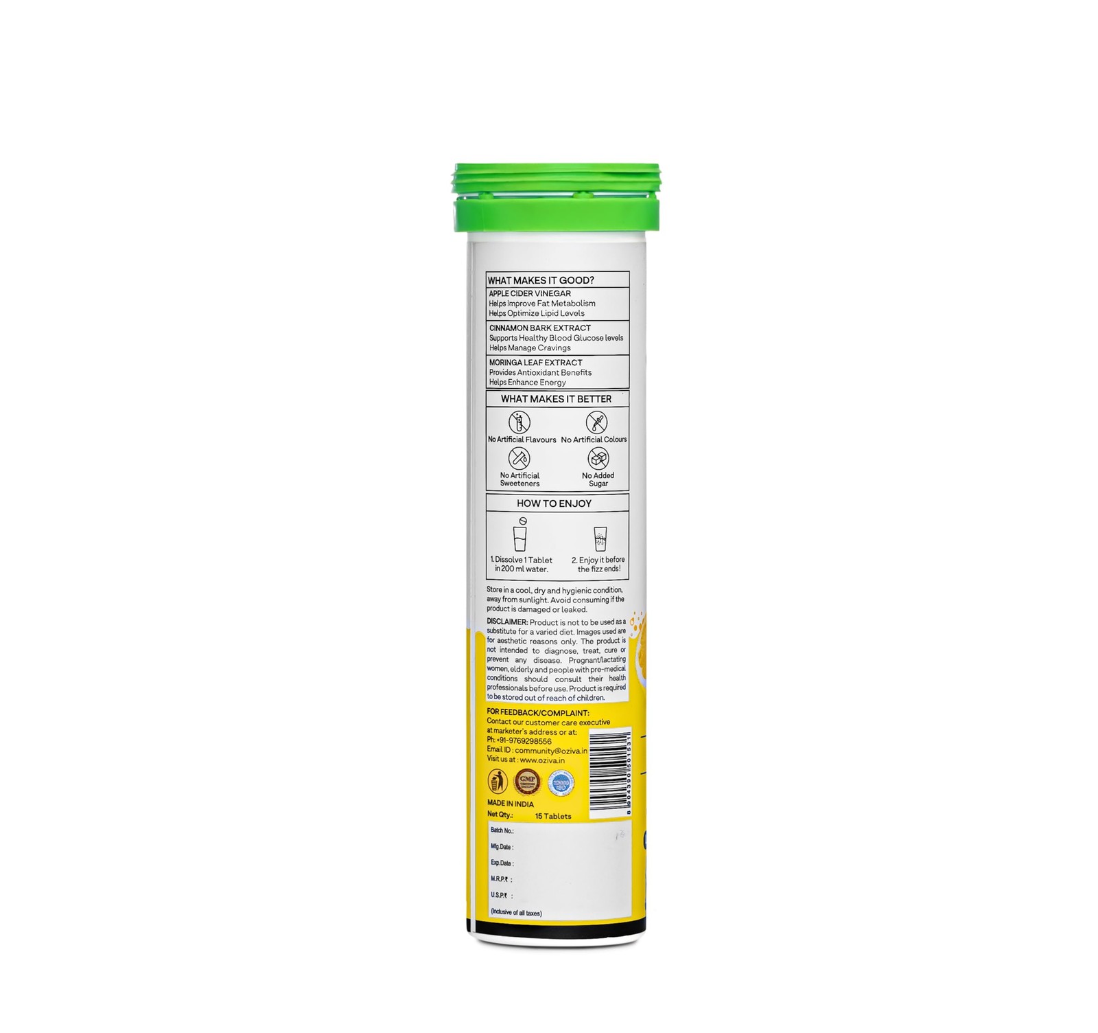 OZiva ACV Moringa Effervescent Lemon Masala, Pack of 4 (60 Tablets)