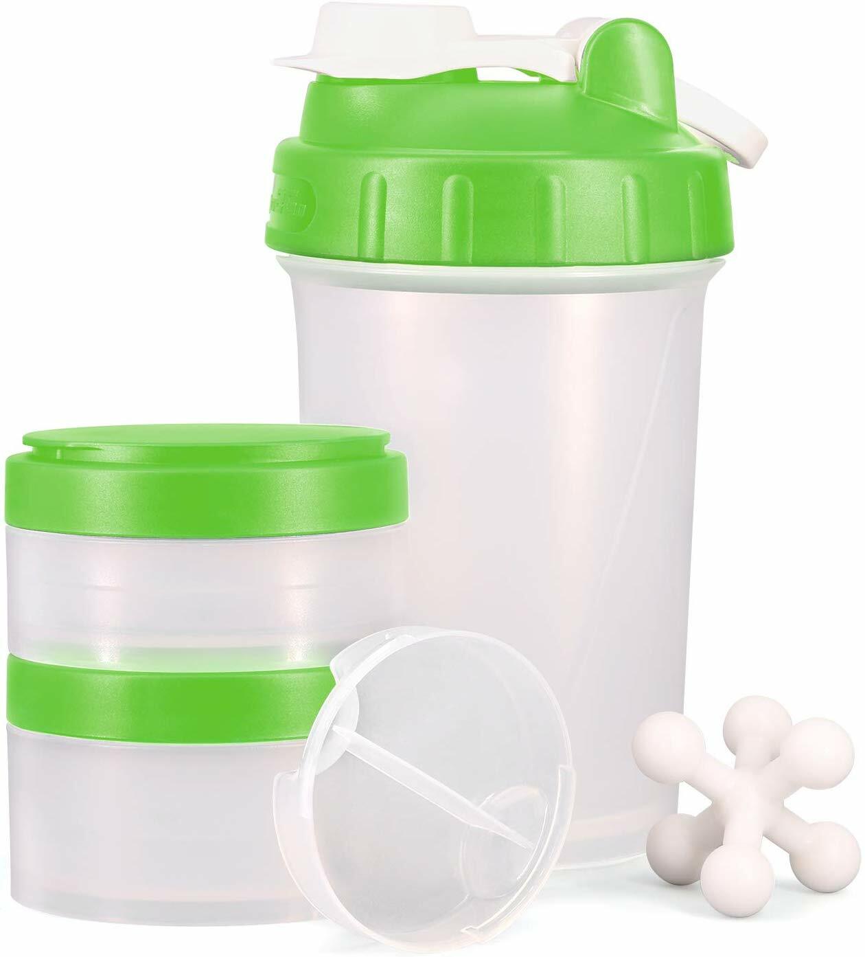 16 OZ Shake Bottle Protein Powder Shaker Blender Gym Smoothie Cup two storage