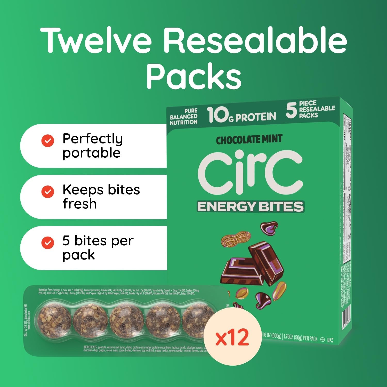 CirC Energy Bites – 12x Mint Choc Chip Gluten-Free Protein Balls – 10g Protein