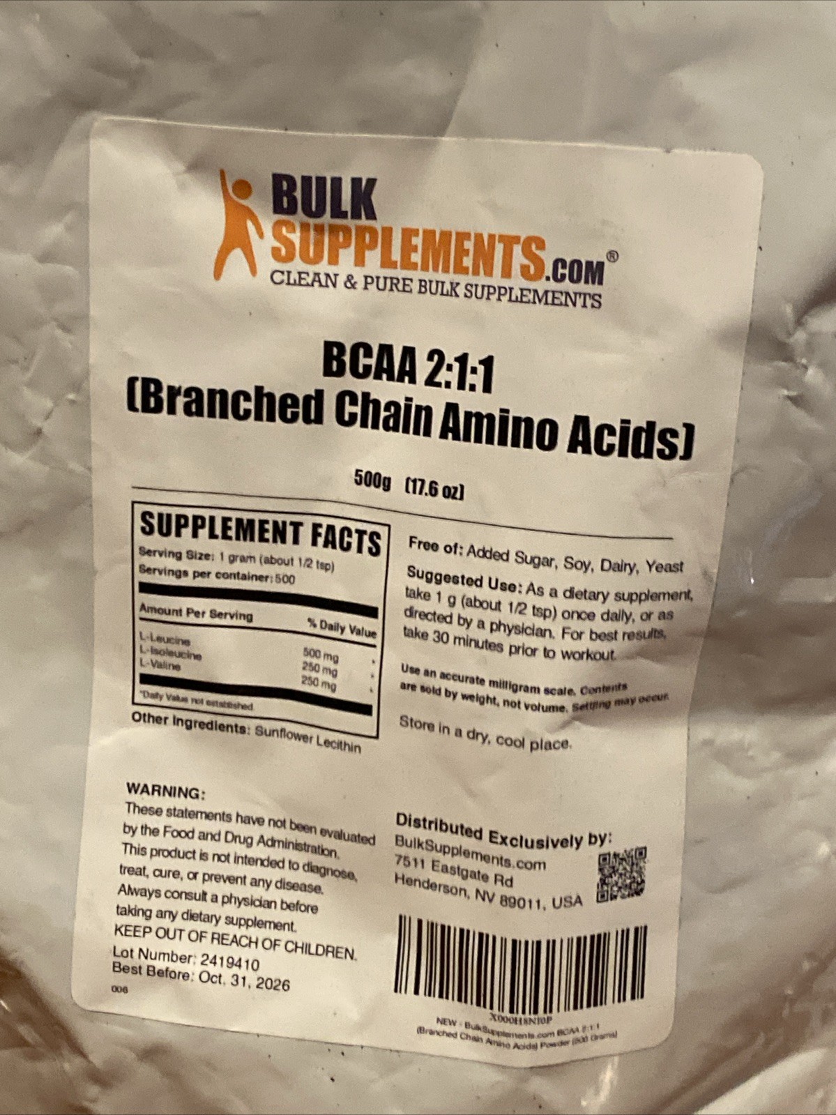 BulkSupplements BCAA 2:1:1 Powder 500g 17.6oz
