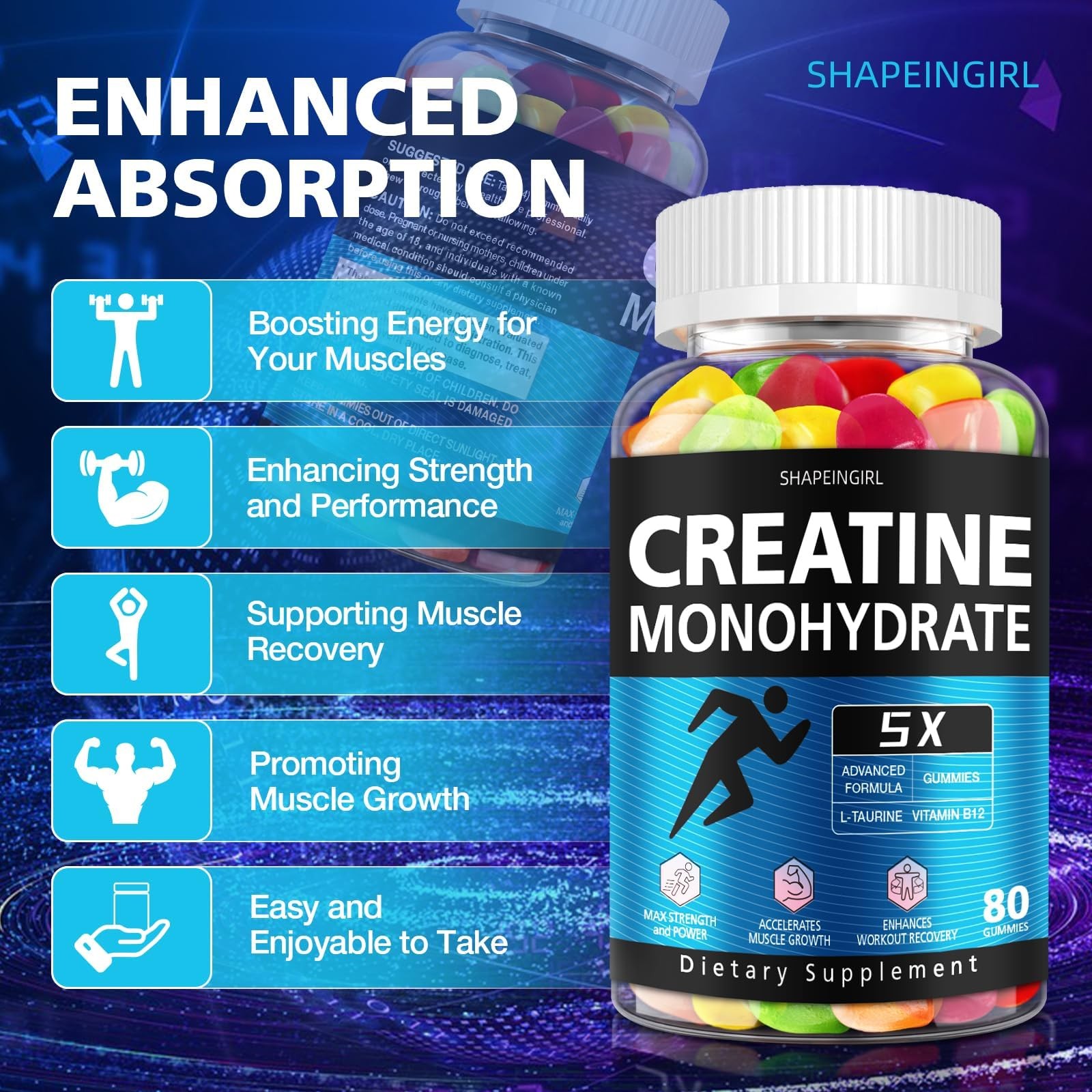 SHAPEINGIRL Creatine Monohydrate Gummies for Men & Women Low Sugar Chewable …