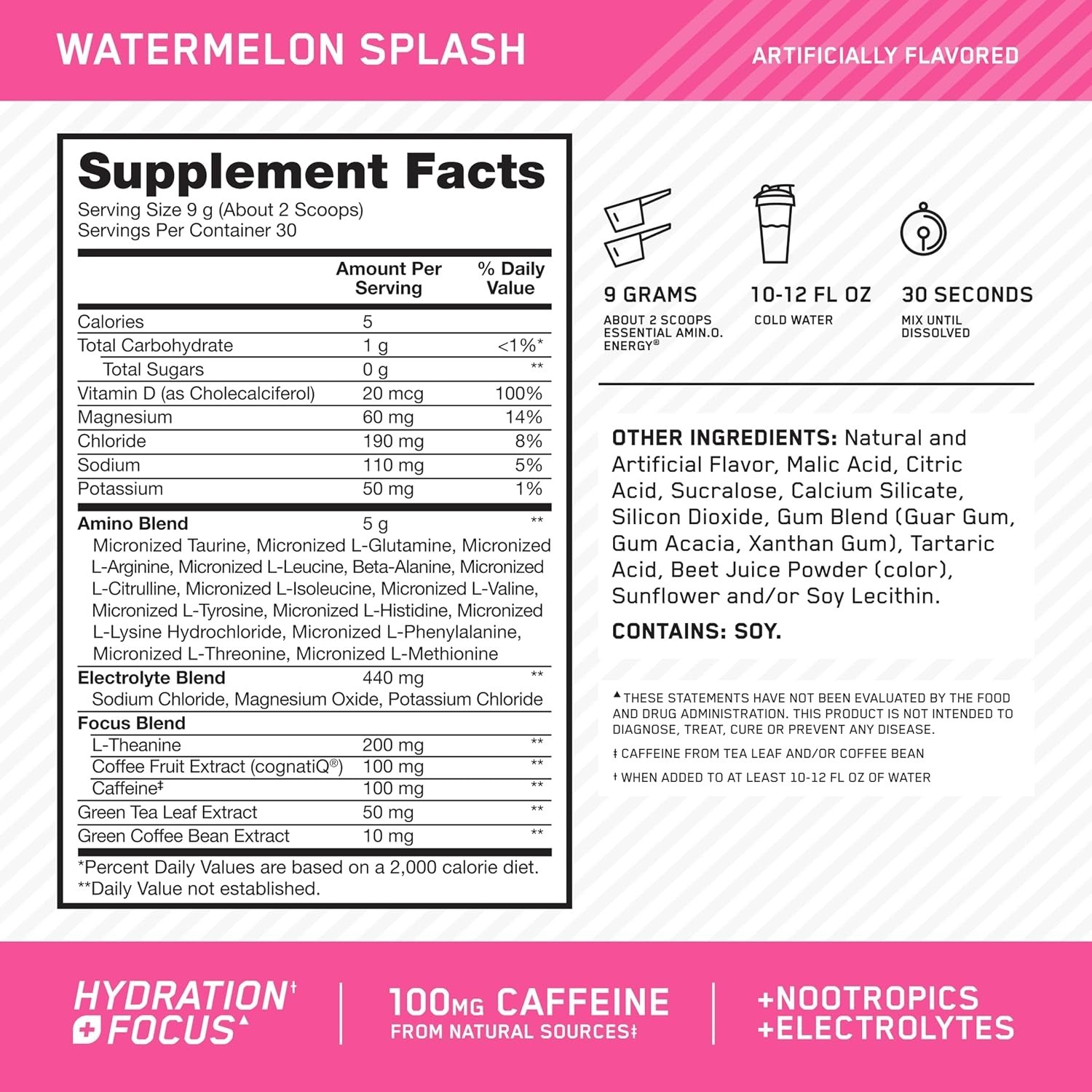 Amino Energy Powder Plus Focus, with Bcaa, Electrolytes, and Caffeine, Waterm…