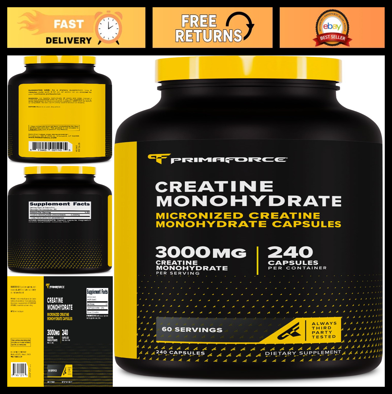 Creatine Monohydrate Capsules 3000mg – 240 Count, Gluten-Free, Non-GMO, Muscle B