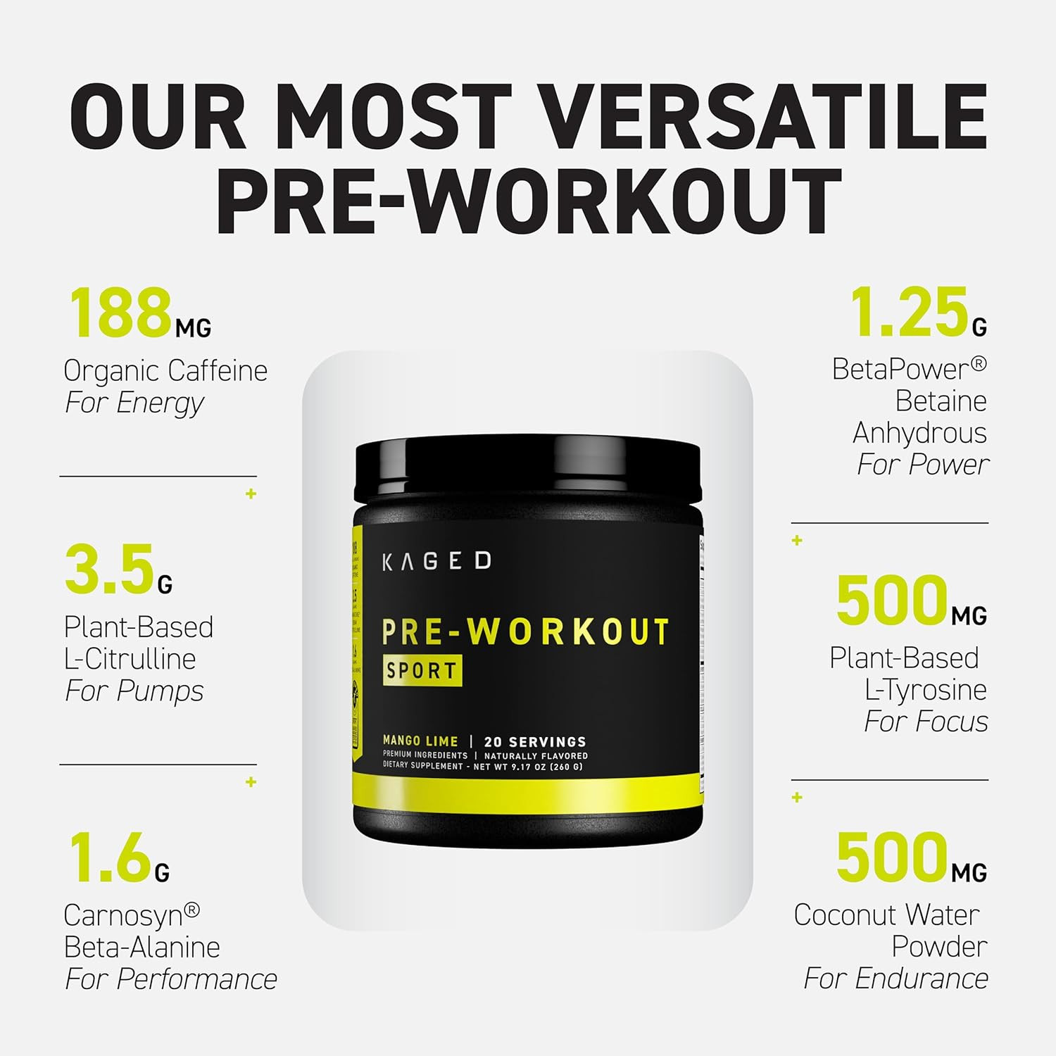 Sport Pre Workout Powder for Men & Women, Mango Lime, Sport Certified, 188Mg Ca
