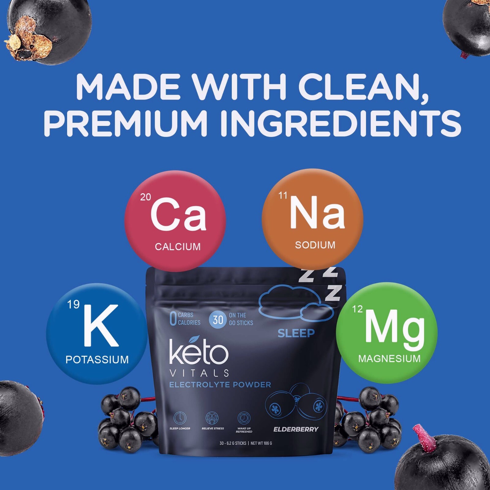 Keto Vitals Sleep Drink Electrolyte Sleep Powder Packets – – Elderberry, 30 Ct.