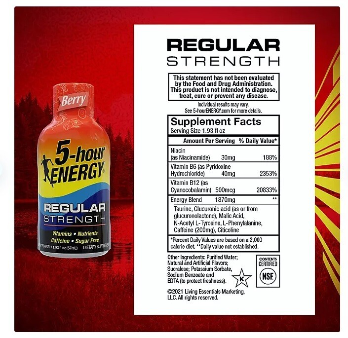 5 Bottles – 5-Hour Energy Regular Strength Shot, Berry, 1.93 fl oz
