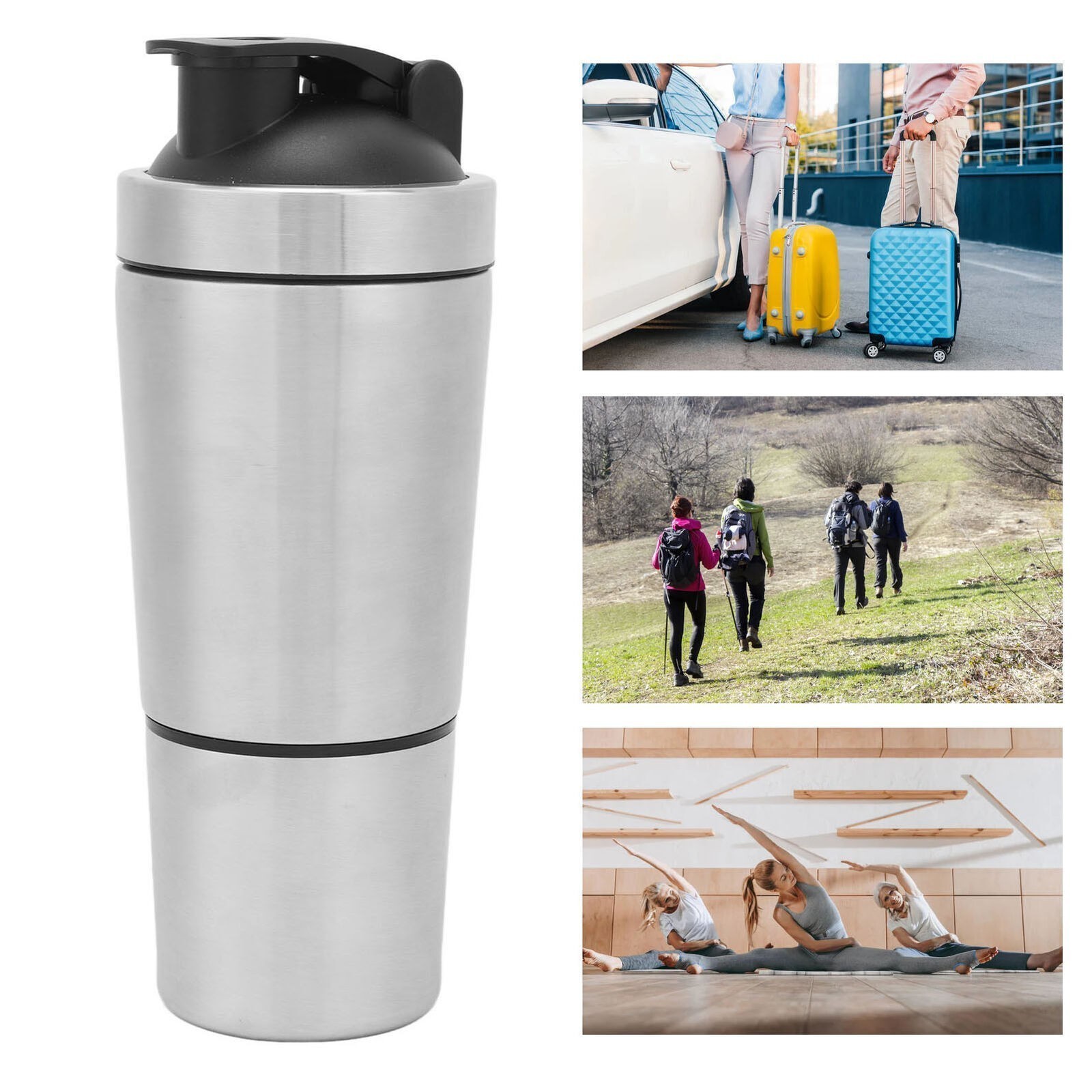 Protein Shaker Bottle with Scale Portable Stainless Steel Double Section Shaker