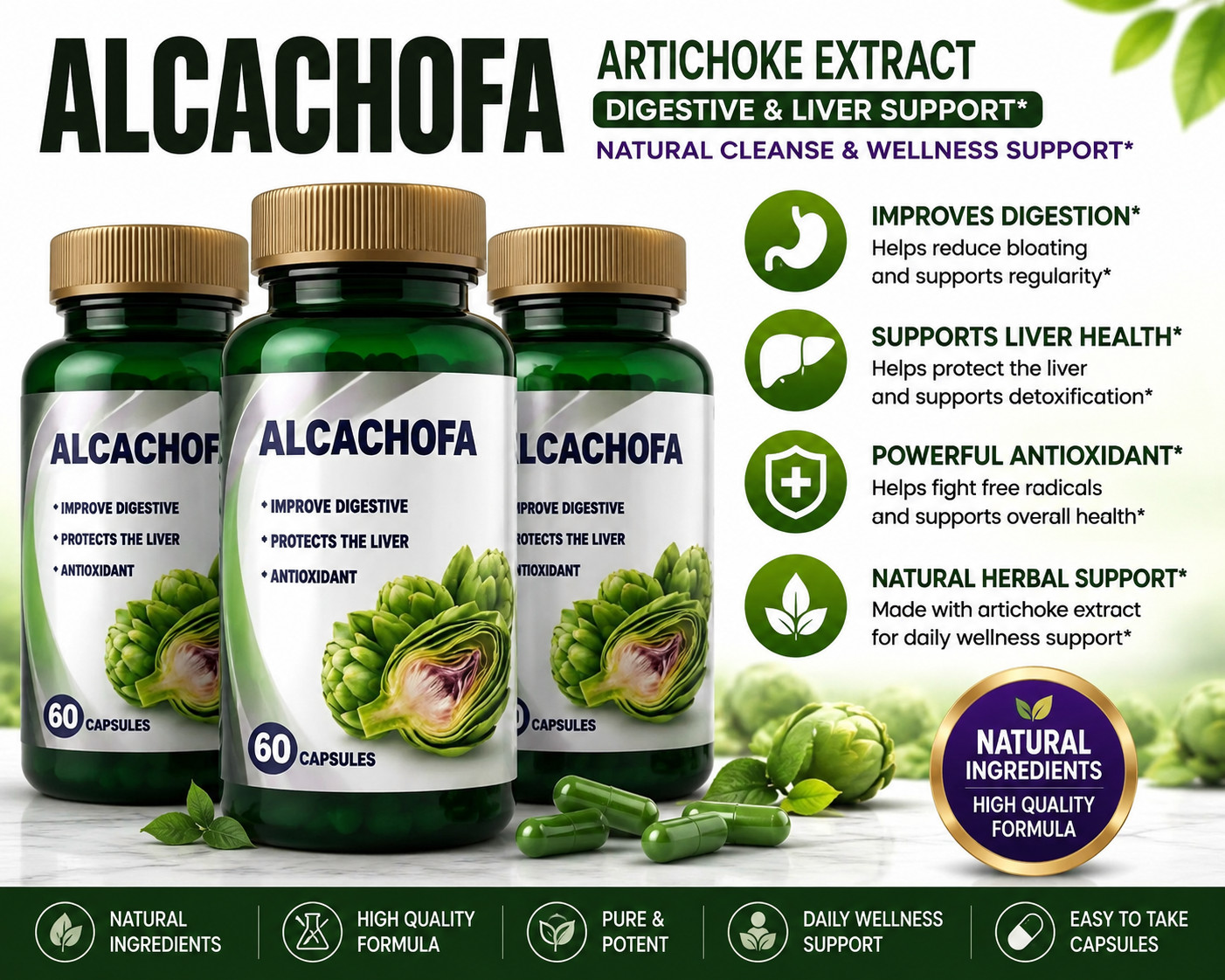 3 Alcachofa Artichoke Extract 60 Capsules Digestive & Liver Support Supplement