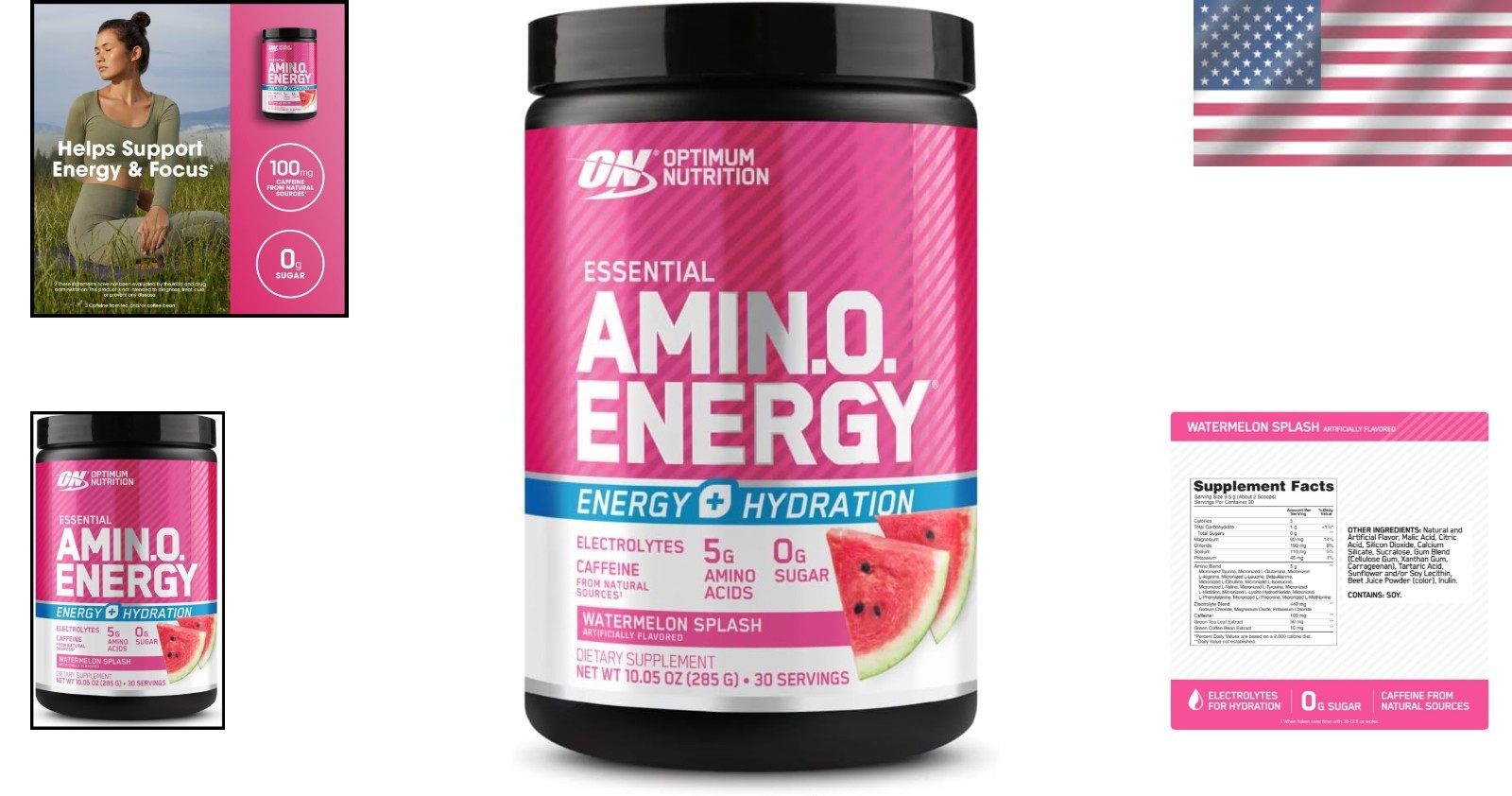 Hydrating Amino Energy Powder with Caffeine & BCAAs – Watermelon Flavor, 10.5 oz